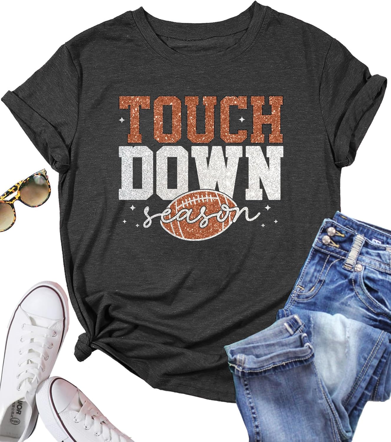 PECHAR Game Day Football Shirts Women Vintage Glitter Football Graphic T Shirt Tee Tops