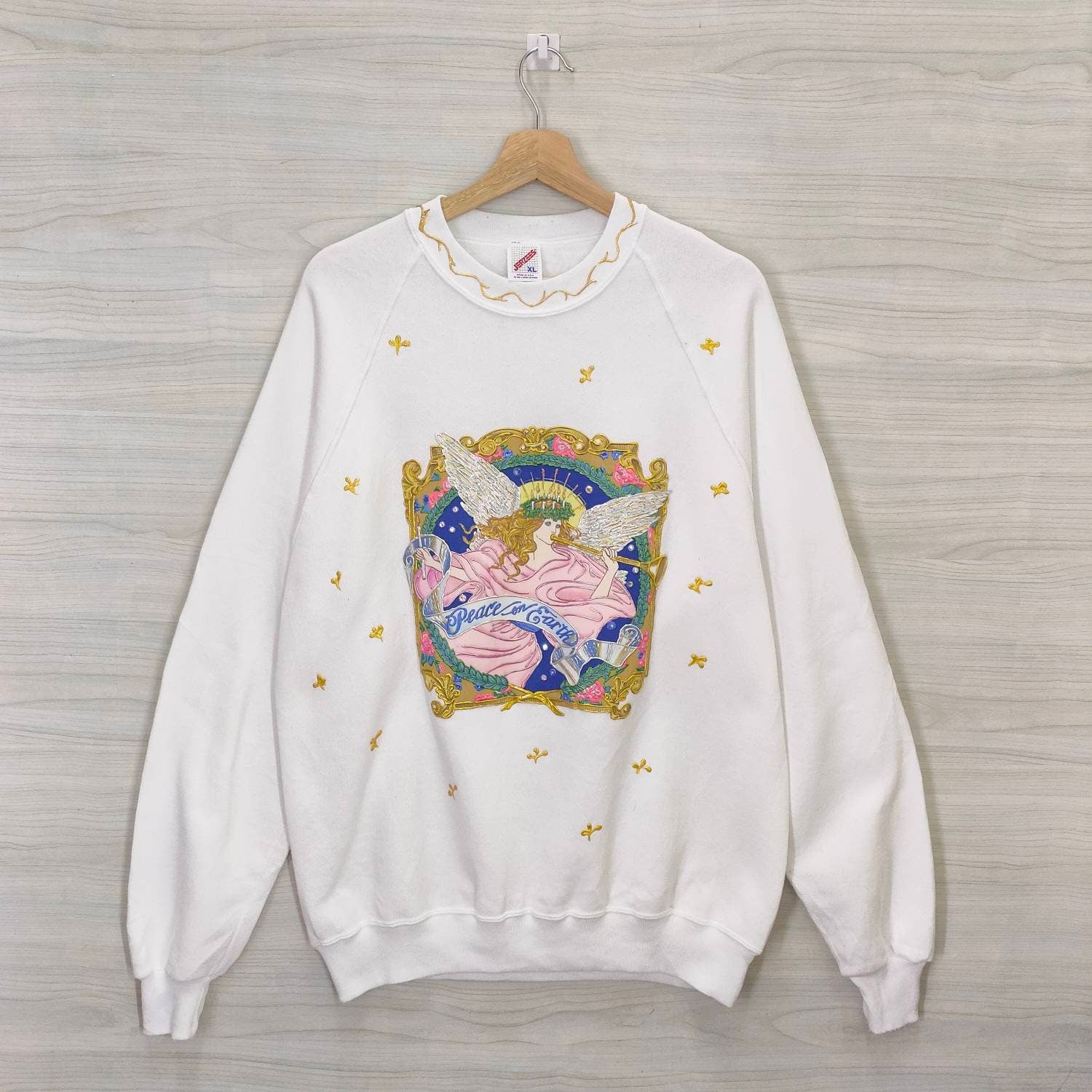 Peace on Earth Crewneck Vintage Sweatshirt White Jumper Pullover Womens Size XL Sweatshirt – Feel-Good Design · Trending Graphic Apparel