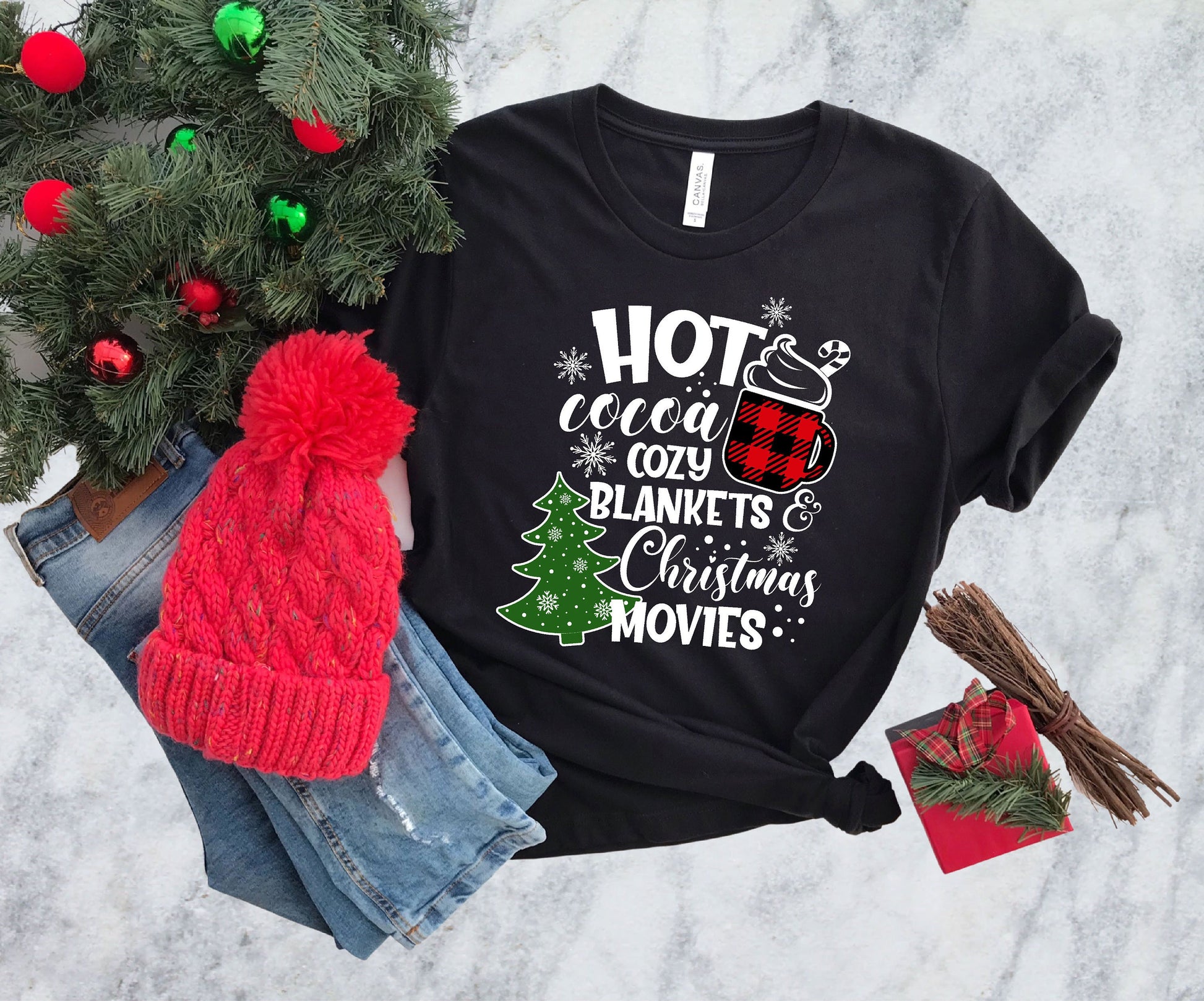 Christmas Shirt Hot Cocoa Cozy Blankets Christmas Movies Christmas Family Outfits Matching Buffalo Plaid Winter Shirt Holiday Tee Gift Graphic Tee – Soft Feel · Perfect For Daily Wear