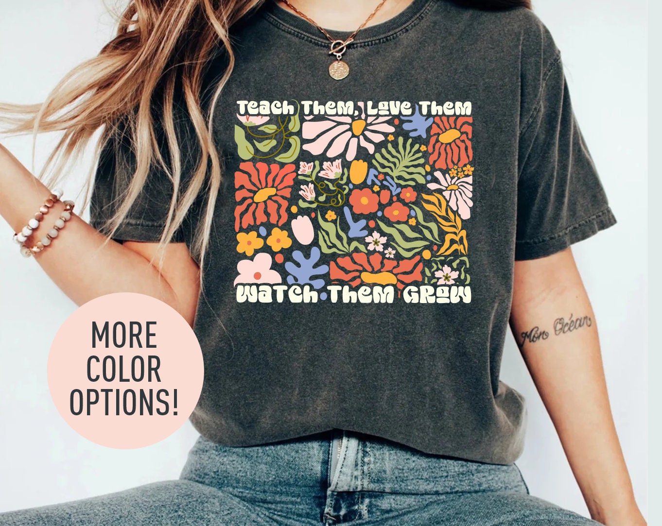 Groovy New Teacher Shirt Teach Them Love Them Watch Them Grow Shirt Floral ShirtRetro Floral Shirt Teacher Life ShirtBest Teacher Shirt Graphic Tee – Soft Feel · Must-Have Style
