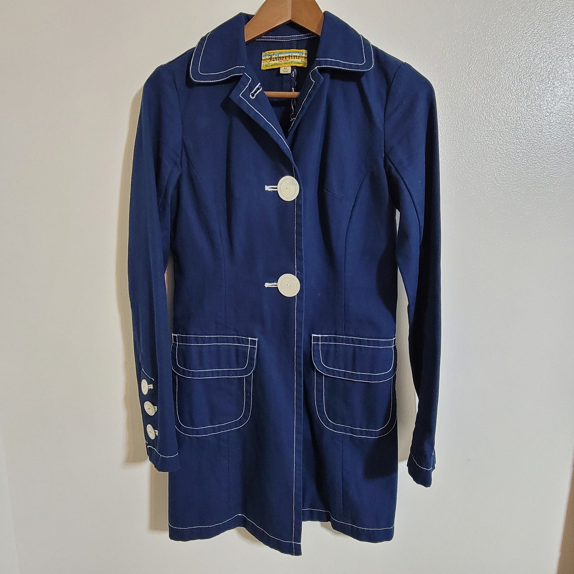 Libertine Coat Women XS Discontinued Blue Trench Jacket Big Buttons Graphic Tee – Everyday Comfort · Top Pick For Any Outfit