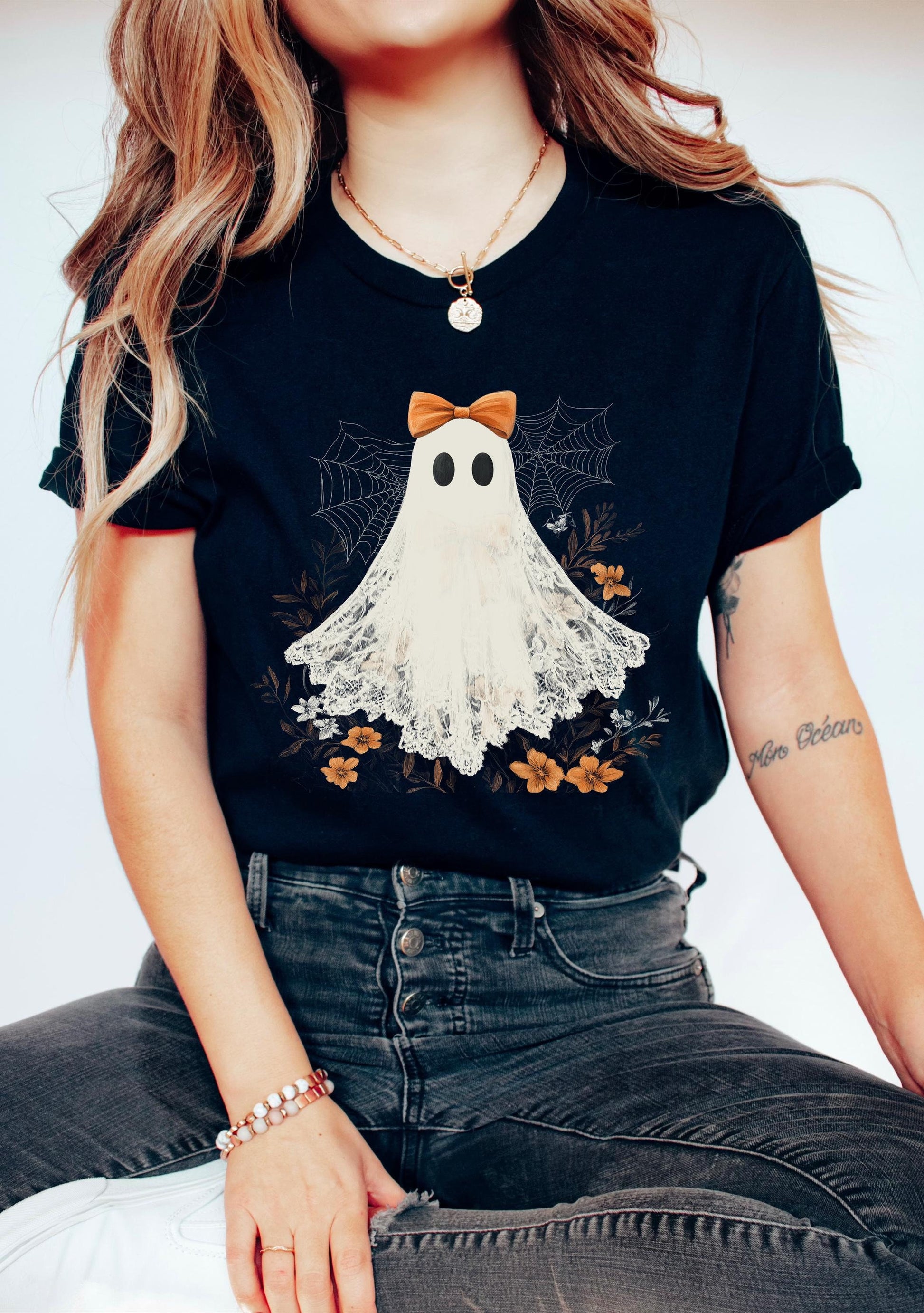 Halloween Lace Ghost Tee Shirt Ghost Lover Shirts Sweatshirts Spooky Season Shirt Coquette Ghost Story Women39s Halloween Shirt S370 Sweatshirt – Bold Style · Great Gift For Fans