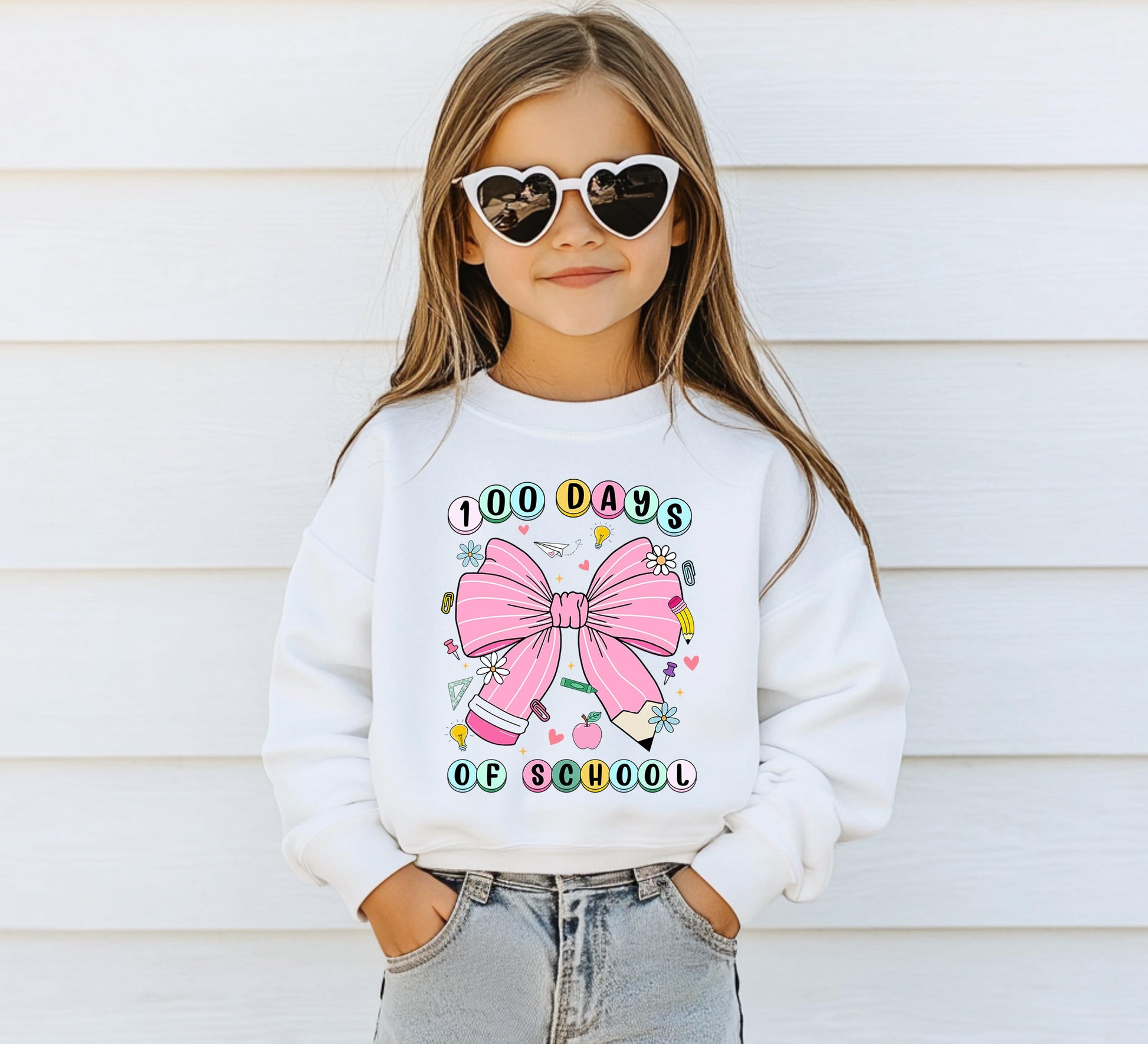 100 Days of School Pencil Bow Kids Sweatshirt 100 Days Of School Shirt Cute One Hundredth Day Schooling Shirt Back to School Shirt Sweatshirt – Bold Style · Top Pick For Any Outfit