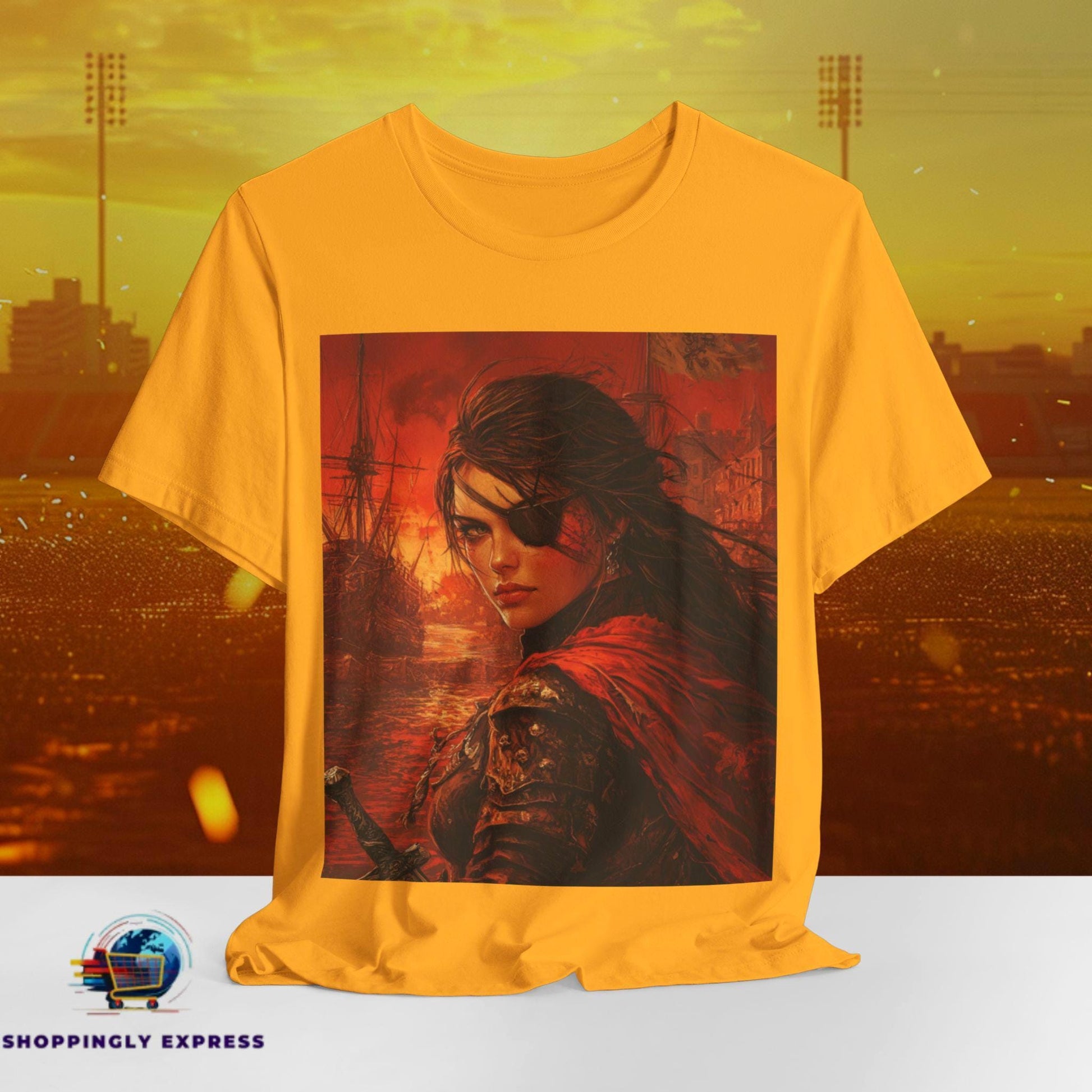 Lady Pirate with Eye Patch Shirt Fantasy Sailor Tee Bella Canvas Unisex Sizes S3XL Red Cape Pirate Design Adventure Graphic Apparel Graphic Tee – Aesthetic Look · Must-Have Style